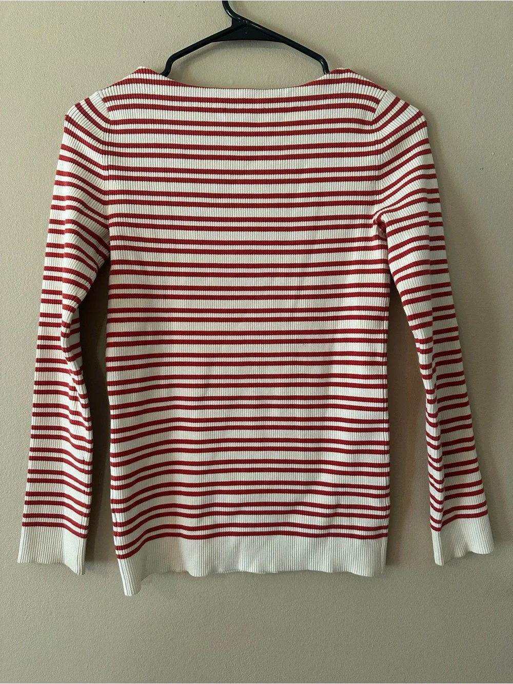Tory Burch Red and Cream Striped Cotton Boatneck Knit Sweater, Sz XS